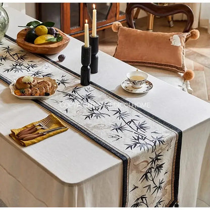 Beige bamboo leaf swallow print table runner for dining room decor