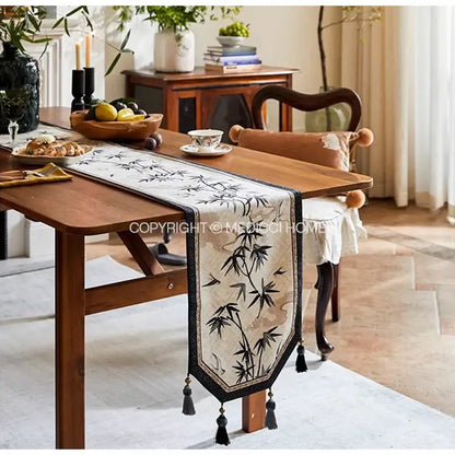 Beige bamboo leaf swallow print table runner for dining room decor