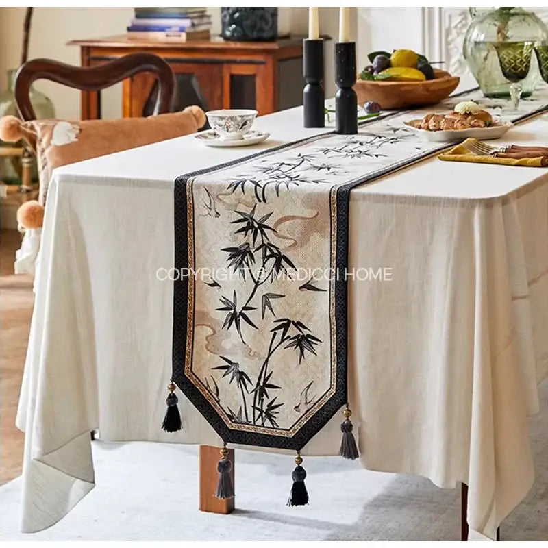 Beige bamboo leaf swallow print table runner for dining room decor