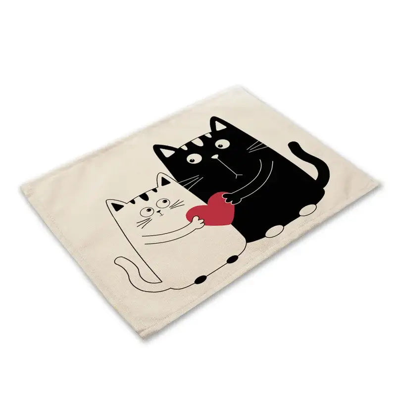 Beige & black cat linen placemat set for dining room table decor