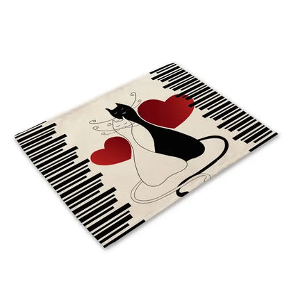 Beige & black cat linen placemat set for dining room table decor