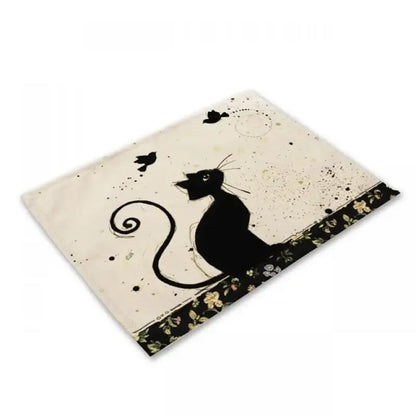 Beige & black cat linen placemat set for dining room table decor