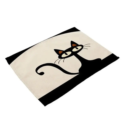 Beige & black cat linen placemat set for dining room table decor