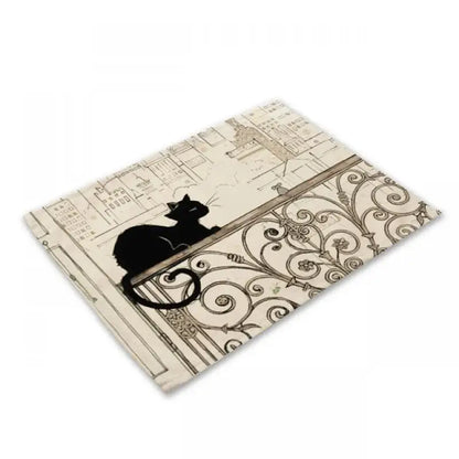 Beige & black cat linen placemat set for dining room table decor