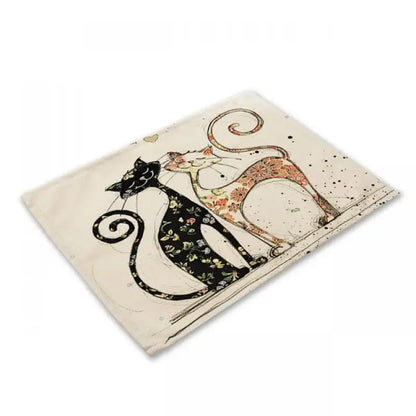 Beige & black cat linen placemat set for dining room table decor