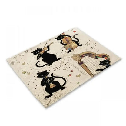 Beige & black cat linen placemat set for dining room table decor