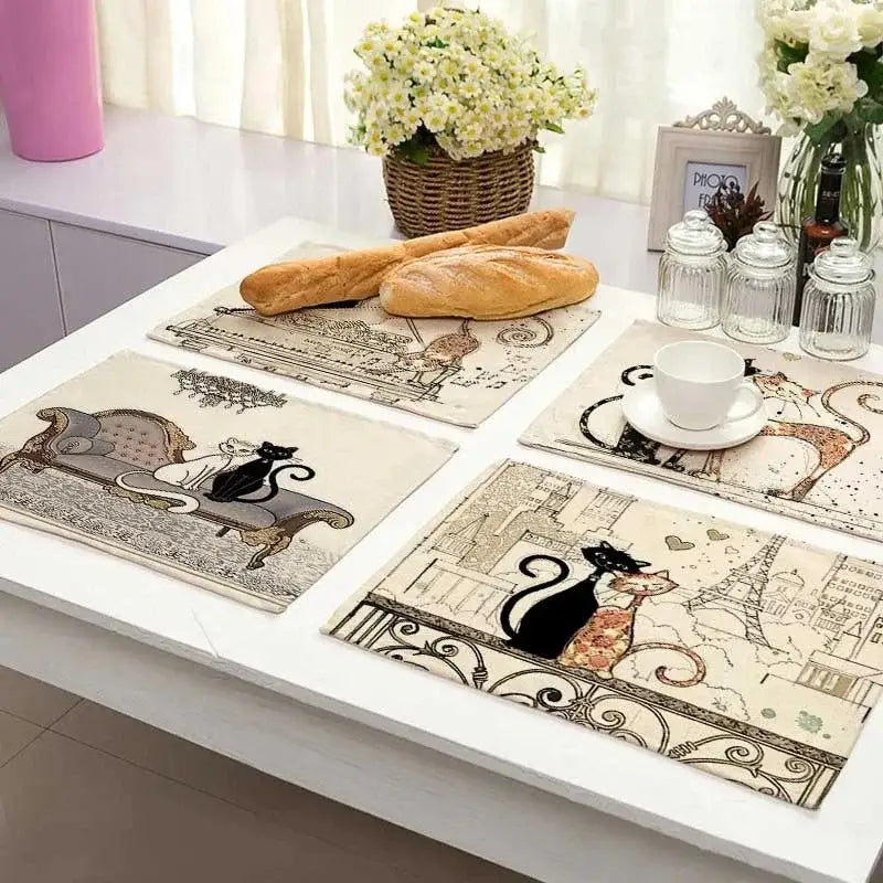 Beige & black cat linen placemat set for dining room table decor