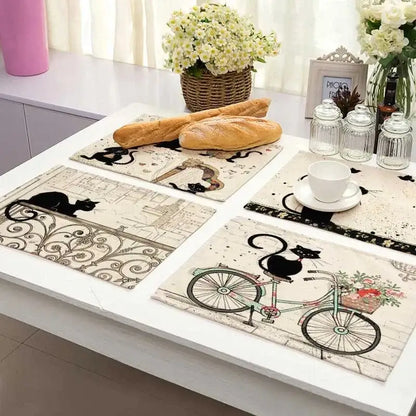 Beige & black cat linen placemat set for dining room table decor