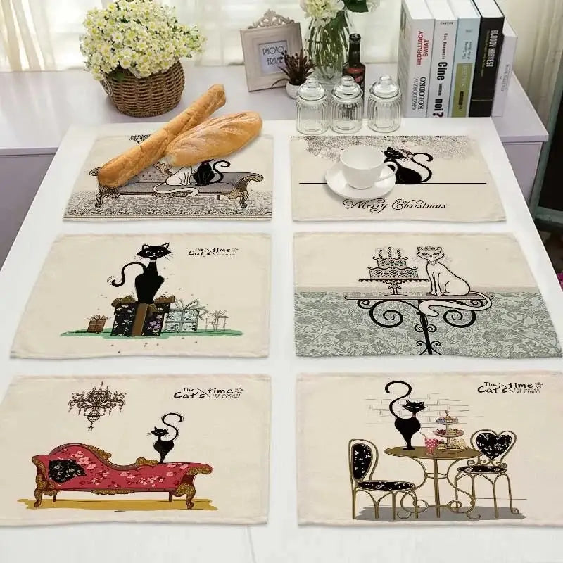 Beige & black cat linen placemat set for dining room table decor