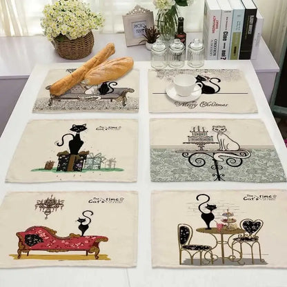 Beige & black cat linen placemat set for dining room table decor