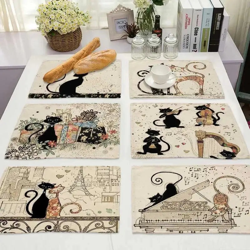 Beige & black cat linen placemat set for dining room table decor