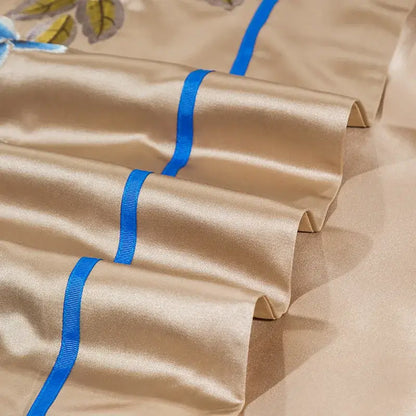 Beige & blue embroidered egyptian cotton bedding set bedroom luxury