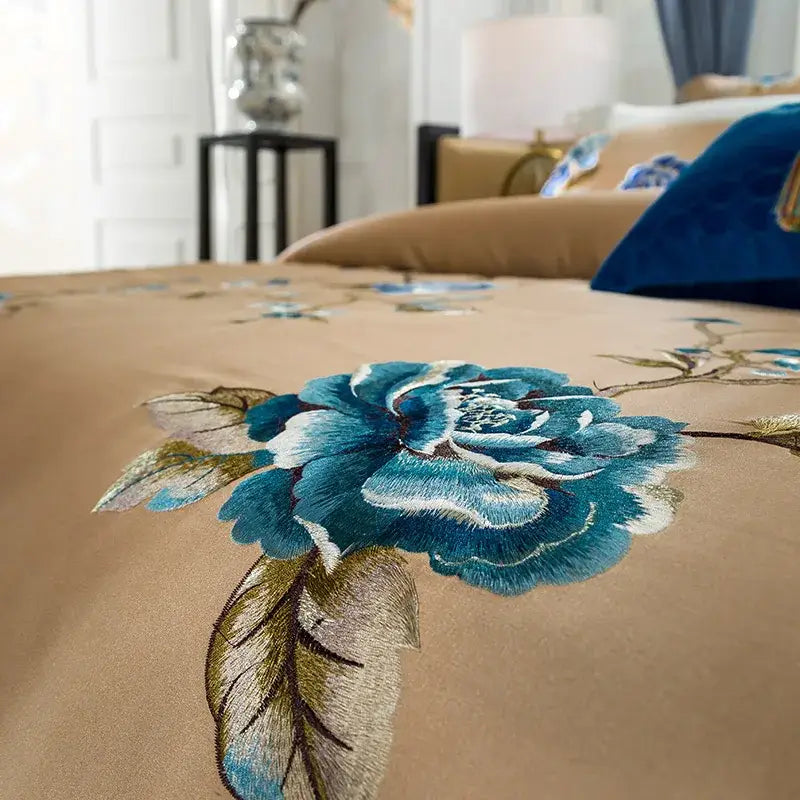 Beige & blue embroidered egyptian cotton bedding set bedroom luxury