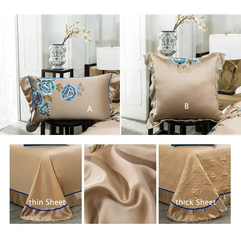 Beige & blue embroidered egyptian cotton bedding set bedroom luxury
