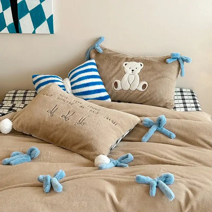 Beige & blue embroidered velvet duvet bedding set bedroom bow decor