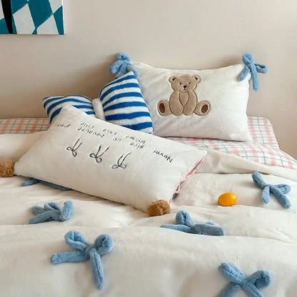 Beige & blue embroidered velvet duvet bedding set bedroom bow decor