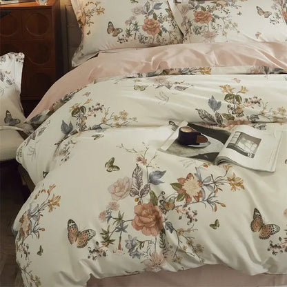 Beige & blush butterfly blooming flowers bedding set bedroom cotton