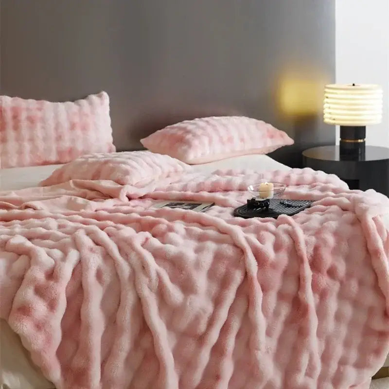 Beige & brown faux fur cozy fleece blanket bedroom throw