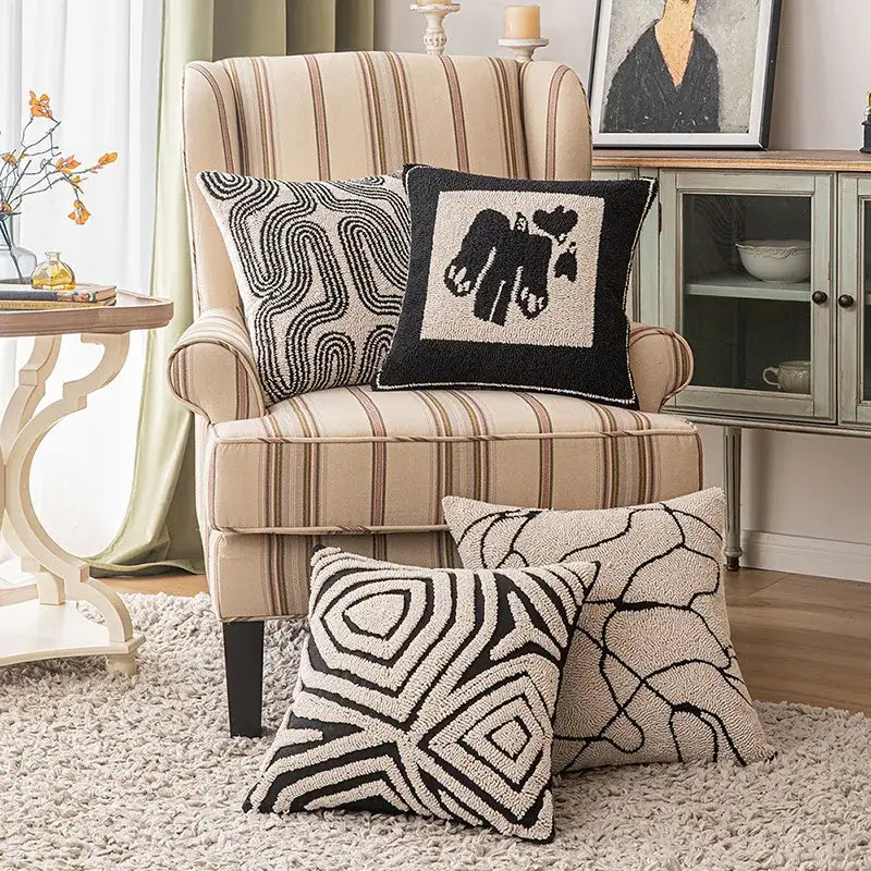Beige & brown striped geometric line art cushion cover living room