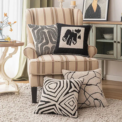 Beige & brown striped geometric line art cushion cover living room