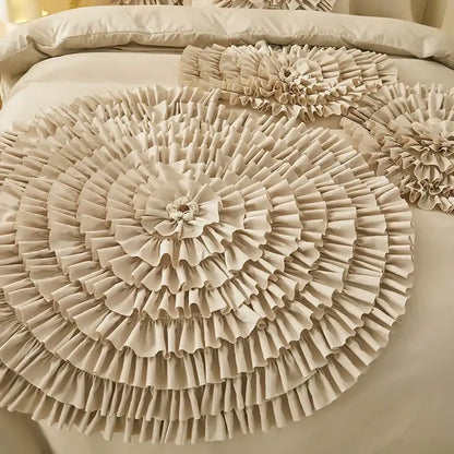 Beige brushed cotton flower embroidery bedding set bedroom ruffled decor