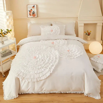 Beige brushed cotton flower embroidery bedding set bedroom ruffled decor