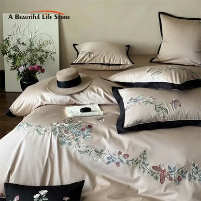 Beige butterfly flowers 1000tc cotton bedding set bedroom embroidery