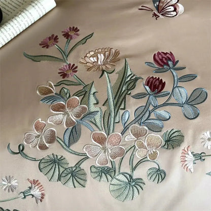 Beige butterfly flowers 1000tc cotton bedding set bedroom embroidery