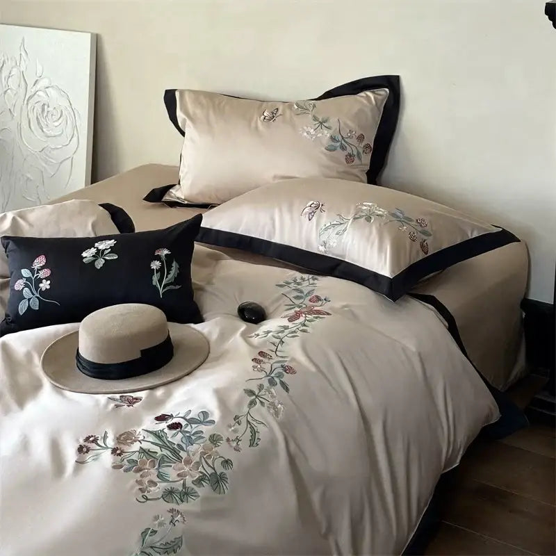 Beige butterfly flowers 1000tc cotton bedding set bedroom embroidery