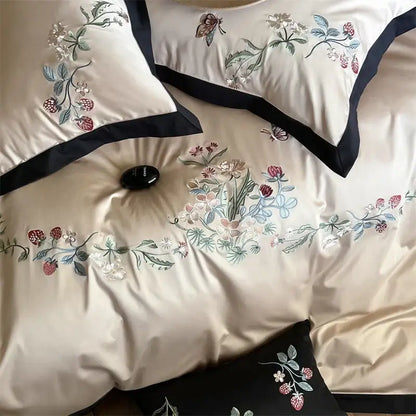 Beige butterfly flowers 1000tc cotton bedding set bedroom embroidery