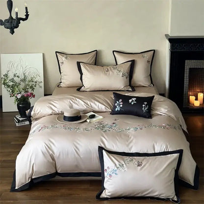 Beige butterfly flowers 1000tc cotton bedding set bedroom embroidery