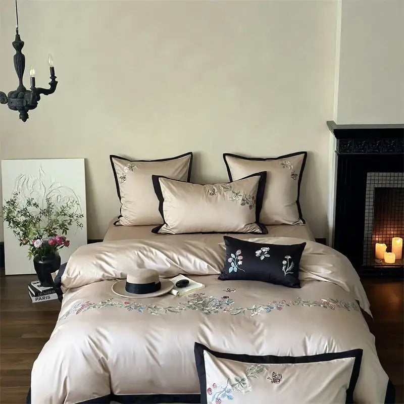 Beige butterfly flowers 1000tc cotton bedding set bedroom embroidery