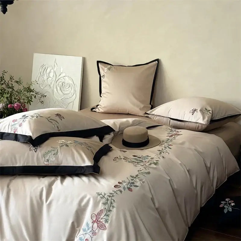 Beige butterfly flowers 1000tc cotton bedding set bedroom embroidery