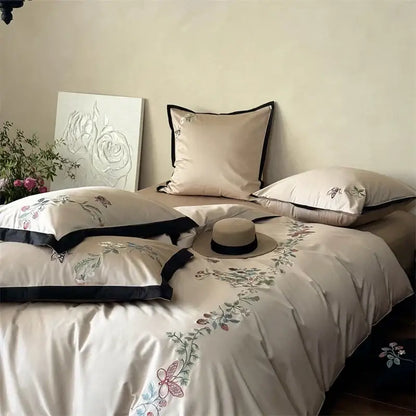 Beige butterfly flowers 1000tc cotton bedding set bedroom embroidery