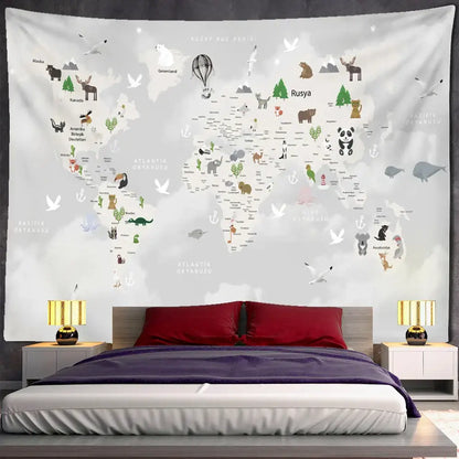 Beige cartoon animals map tapestry children's room wall decor