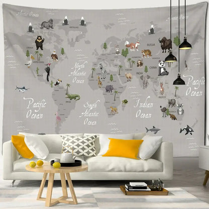 Beige cartoon animals map tapestry children's room wall decor