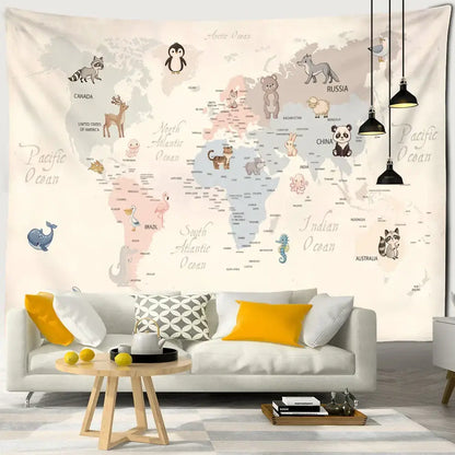 Beige cartoon animals map tapestry children's room wall decor