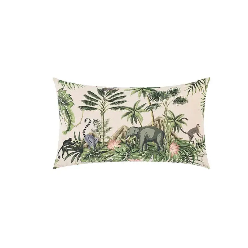 Beige cartoon print velvet cushion cover living room jungle decor