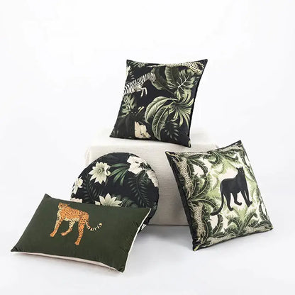 Beige cartoon print velvet cushion cover living room jungle decor
