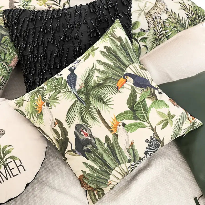 Beige cartoon print velvet cushion cover living room jungle decor