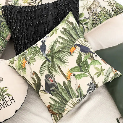 Beige cartoon print velvet cushion cover living room jungle decor