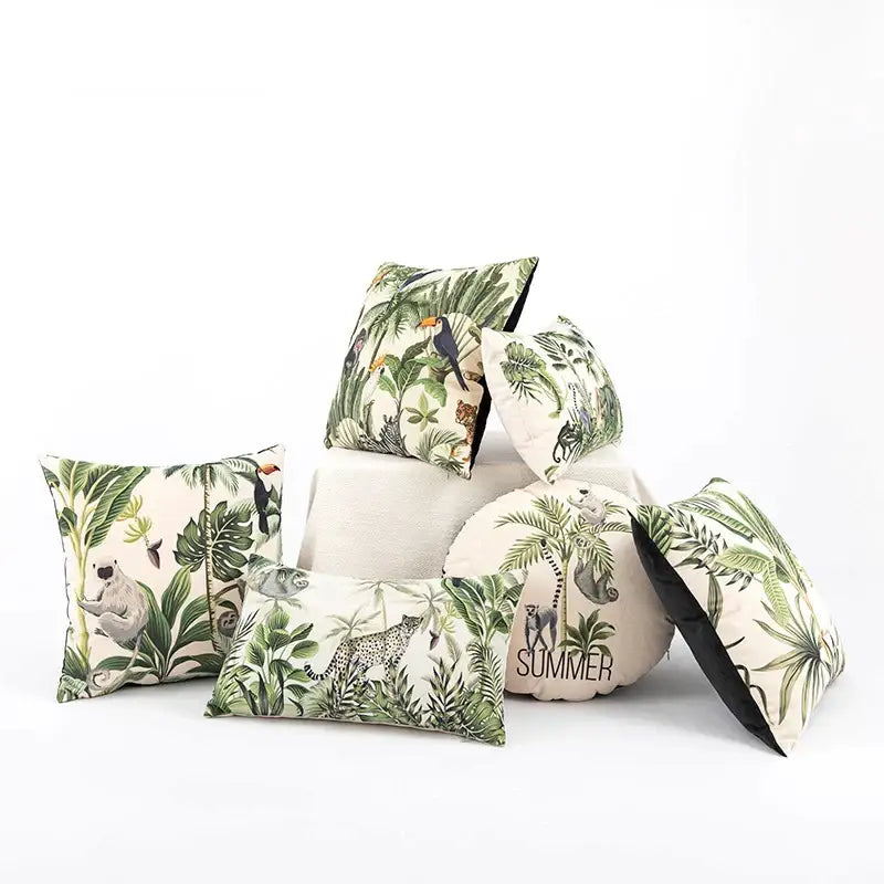 Beige cartoon print velvet cushion cover living room jungle decor