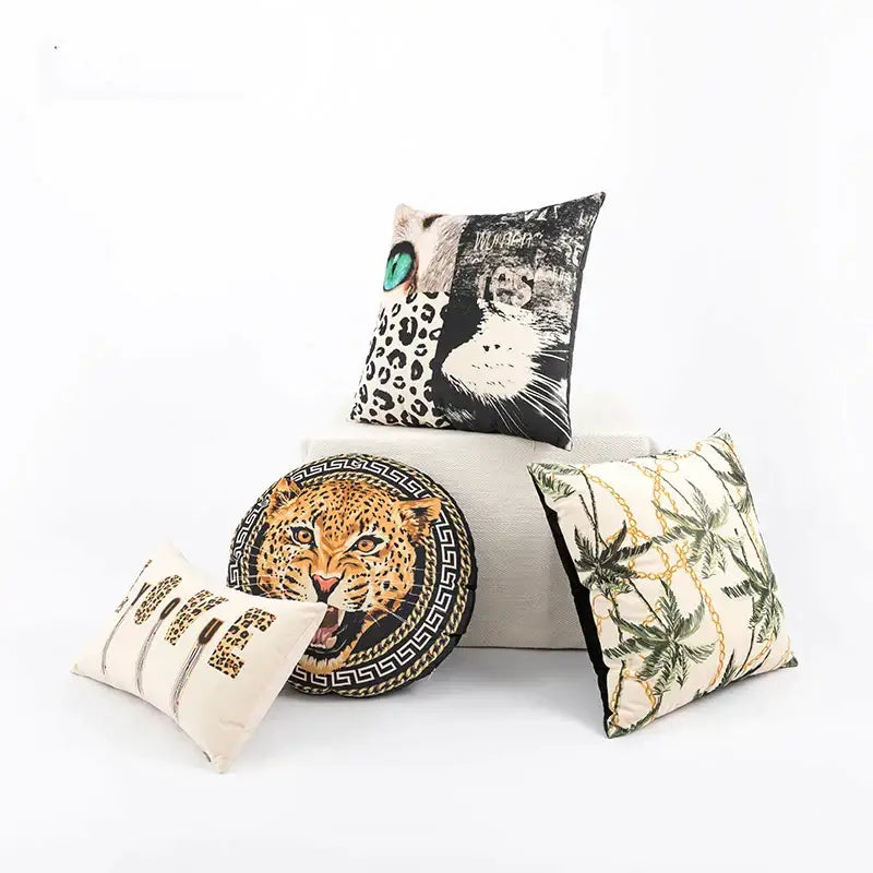 Beige cartoon print velvet cushion cover living room jungle decor