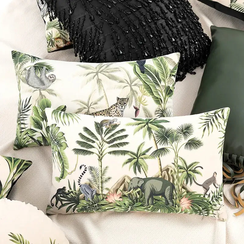 Beige cartoon print velvet cushion cover living room jungle decor
