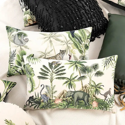 Beige cartoon print velvet cushion cover living room jungle decor
