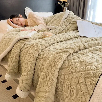 Beige carved velvet warmth blanket – bedroom plush sofa throw cover