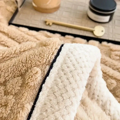 Beige carved velvet warmth blanket – bedroom plush sofa throw cover