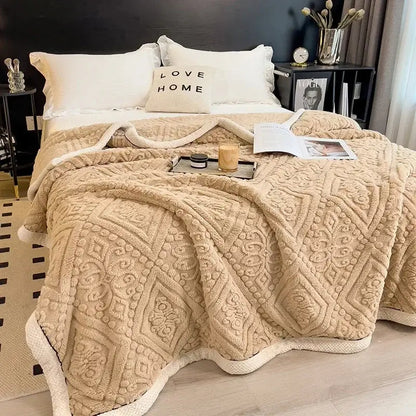 Beige carved velvet warmth blanket – bedroom plush sofa throw cover