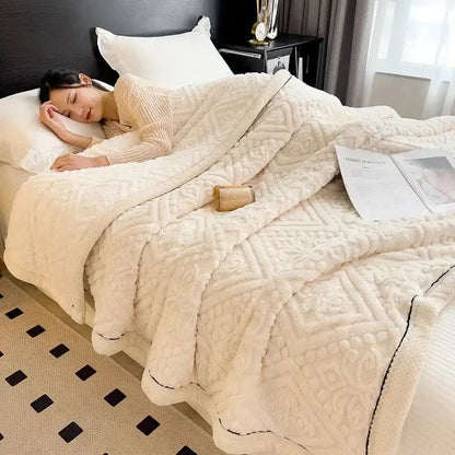 Beige carved velvet warmth blanket – bedroom plush sofa throw cover