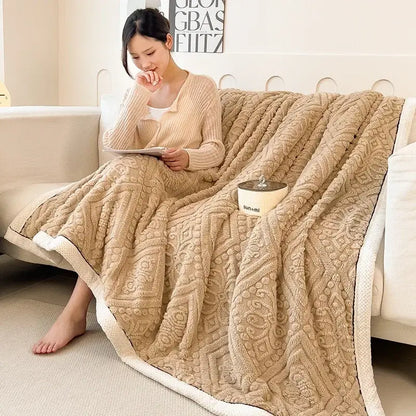 Beige carved velvet warmth blanket – bedroom plush sofa throw cover